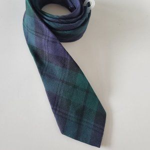 Vtg Plaid Wool Tie Navy Blue Green Tartan Checkered Office Career Party Event